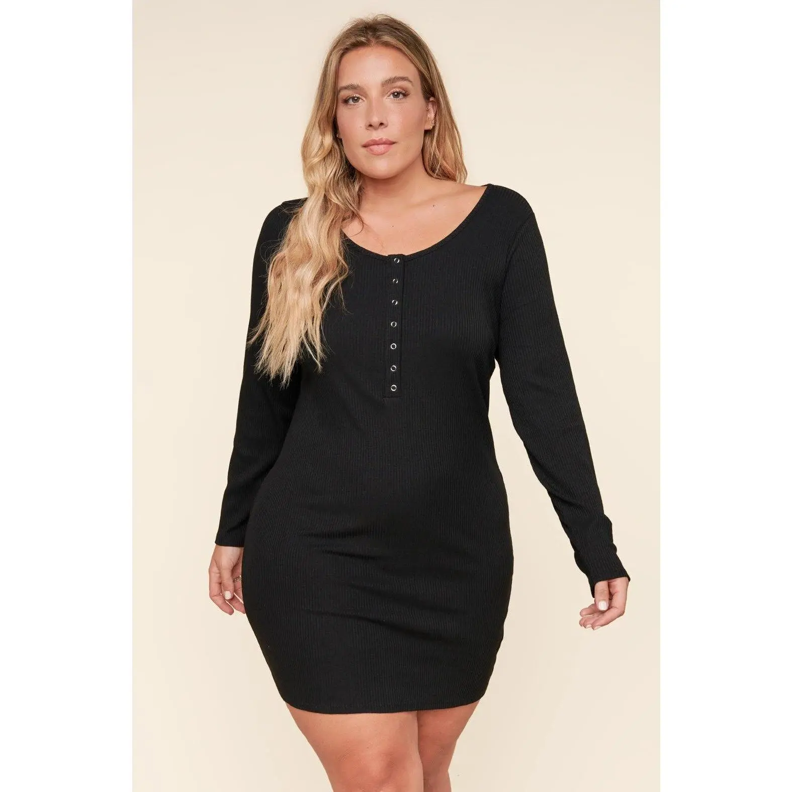 Avignon Ribbed Knit Long Sleeve Henley Mini Dress Curve