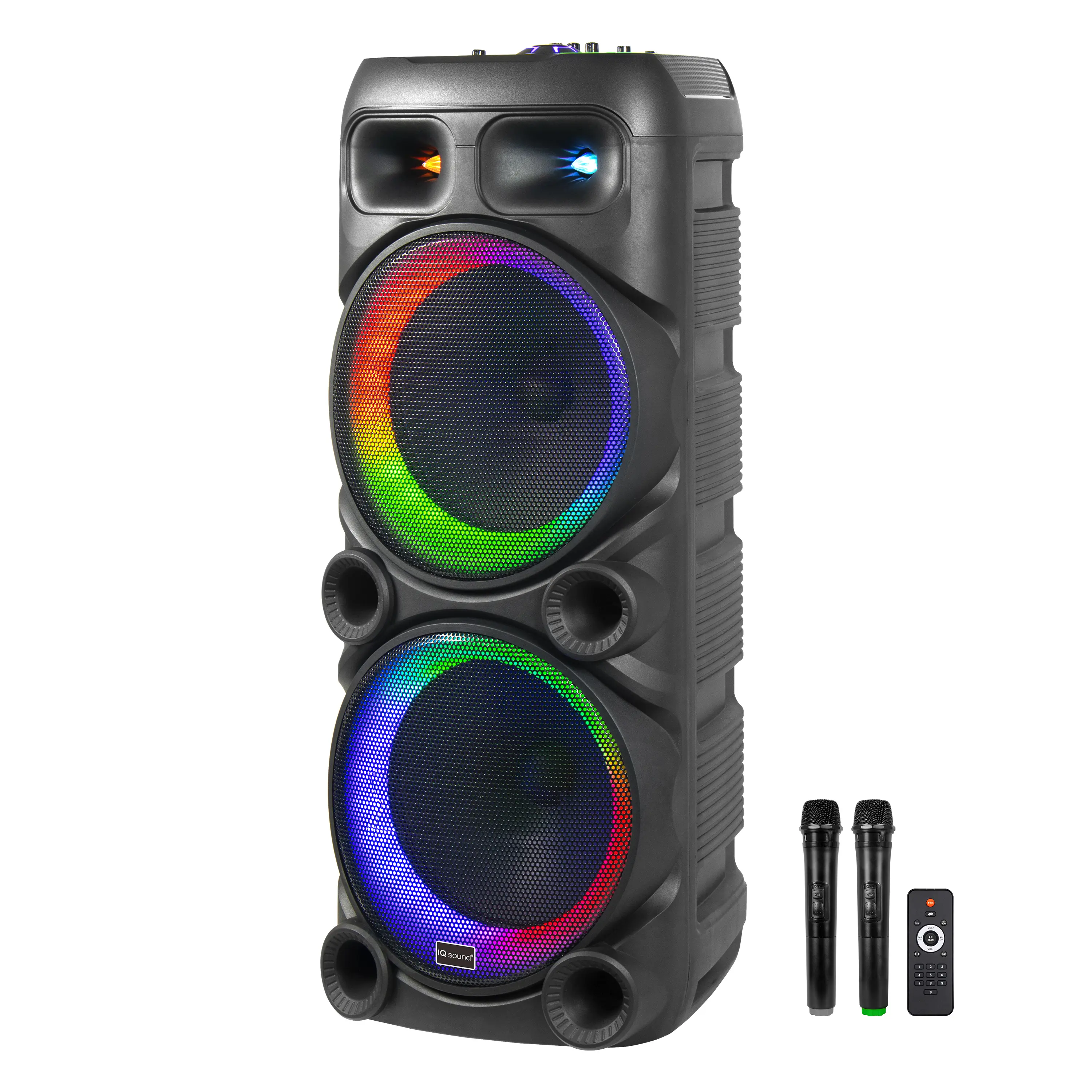 Supersonic IQ-6512DJBT Rechargeable Wireless Portable 2x12-in Bluetooth Party Speaker with Radio, Stereo, Guitar Input, Karaoke Function, USB Port, Dynamic Audio, Built-in Lights, Streaming Capability, Micro, Colorful