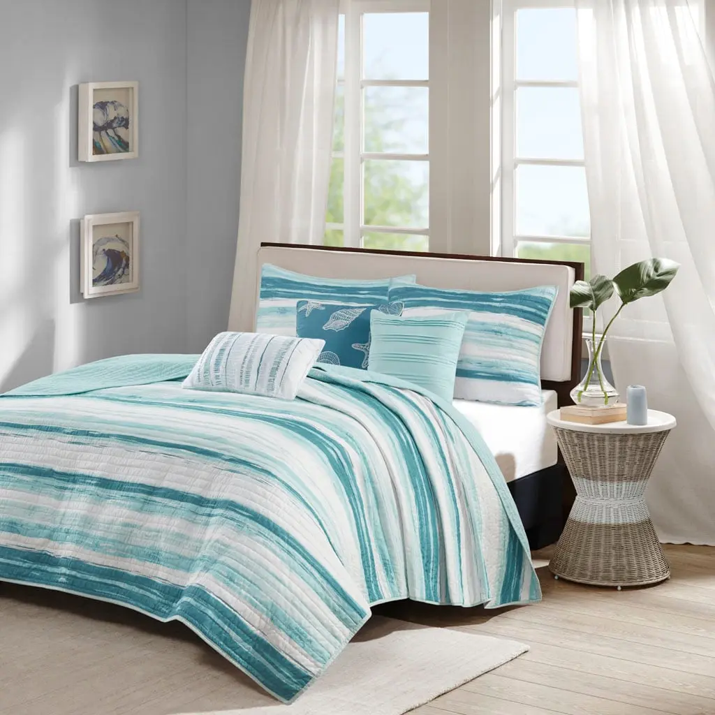 360 Stand All-Over Coastal Stripes Marina Printed Quilt Set, 6-Piece King & California King Size with Throw Pillows, 104x94x0.25 in, Aqua, All-Over Quilt, King Size Bed, Modern Coast