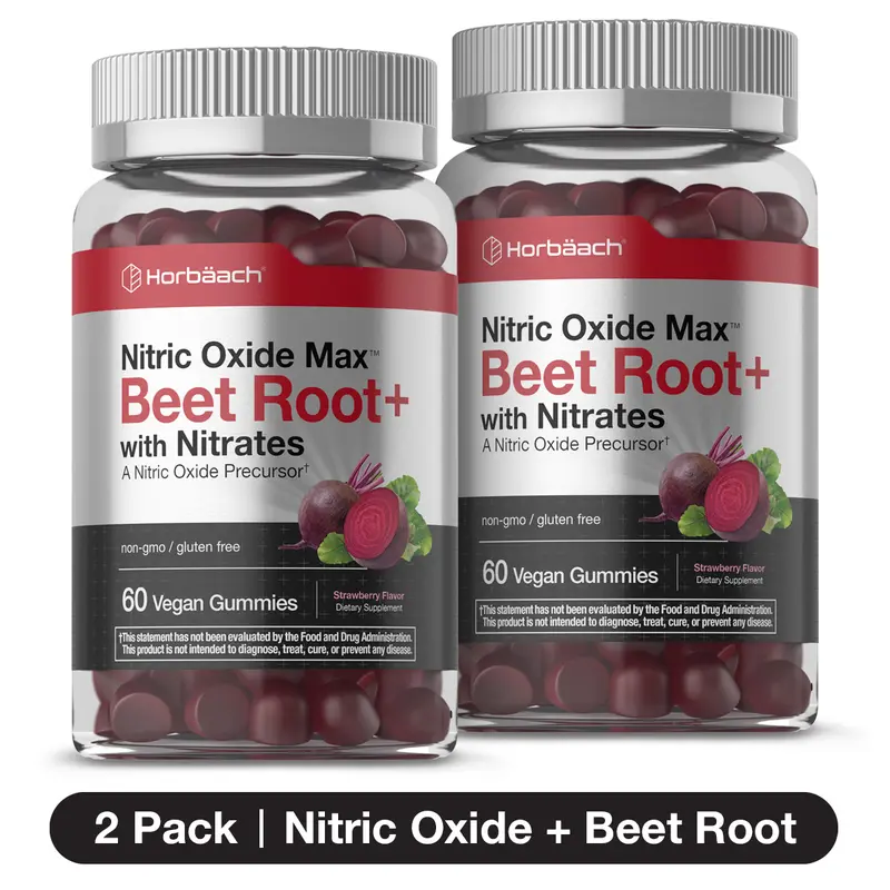 DOUBLE PACK Nitric Oxide Beet Root Gummies - 60 Count - with Nitrates - Strawberry Flavor - Vegan, Non-GMO, Gluten Free Supplement