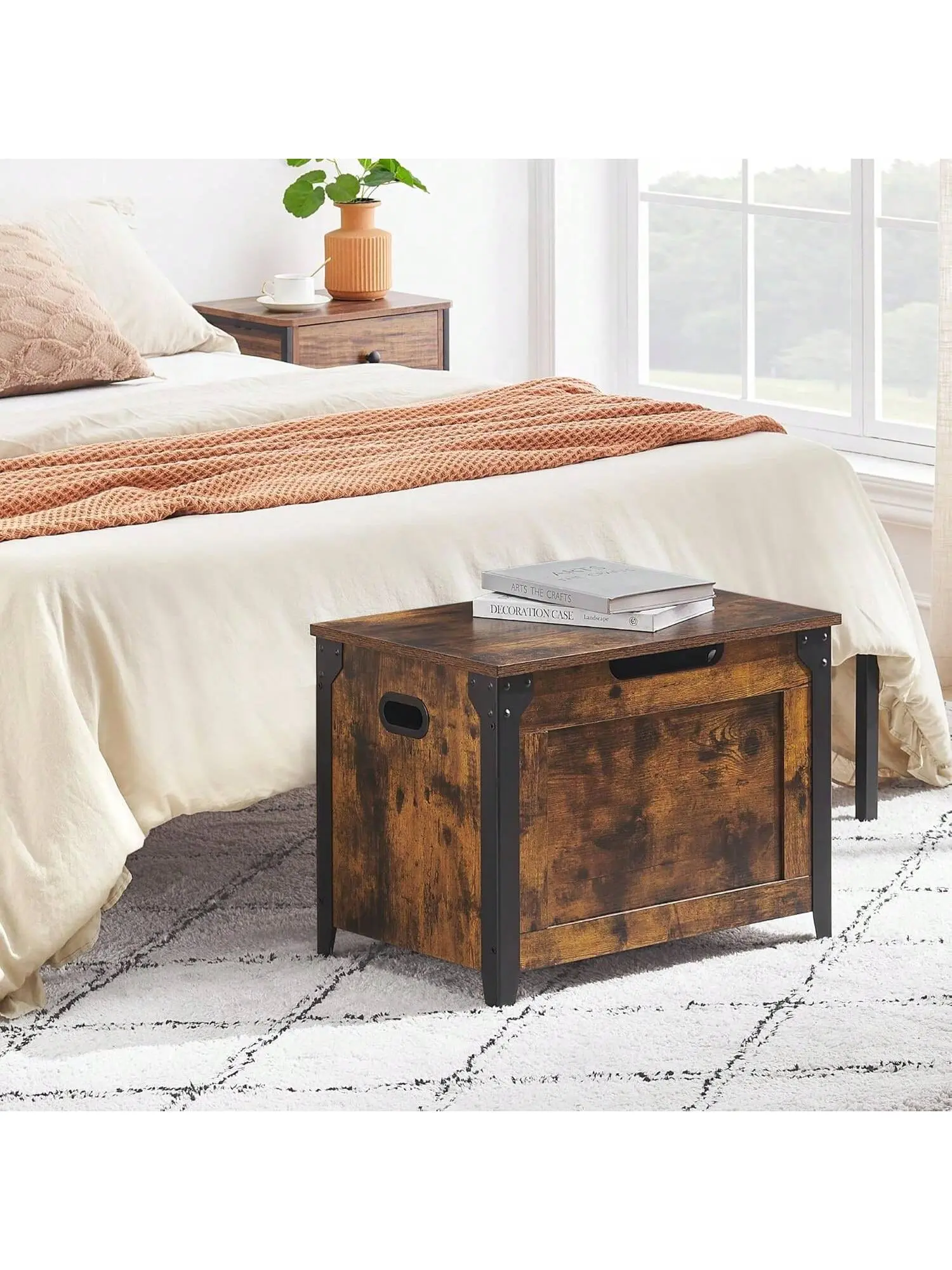 Gaomon Wood & Metal Lift-Top Storage Chest Footstool with Storage, Wooden Bench with Safety Hinge, Metal Frame, Large Organizer, Side Handles, Modern Indoor Furniture for Bedroom, Entryway