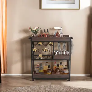 HOLDOLIFE 3-Tier Industrial Rolling Serving Cart with Lockable Wheels, Wine Rack and Glass Holder, Beverage Trolley with 2 Removable Trays for Indoor and Outdoor Use, Black