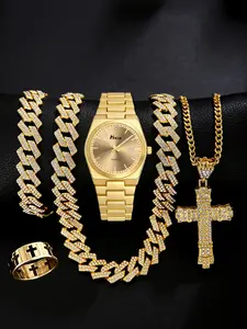5pcshikun Hip Hop Gold Watch Set, Rhinestone Cuban Chain, Cross Necklace, Ring, Fashion Accessories, Hip Hop Aesthetic, Perfect Gift for Holidays