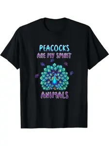 Men'S Black Tee - Humorous Quote 'Peacocks Are My Spirit Animals' with a Colorful Peacock Feather Graphic, Relaxed Fit, Round Neck, Washable, Daily Wear Peacock Print Shirt