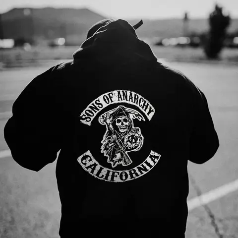 SONS OF ANARCHY CALIFORNIA Skull Graphic Black Print Hoodie Fitted Short Sleeve Crew Neck Casual Rock Style for Men