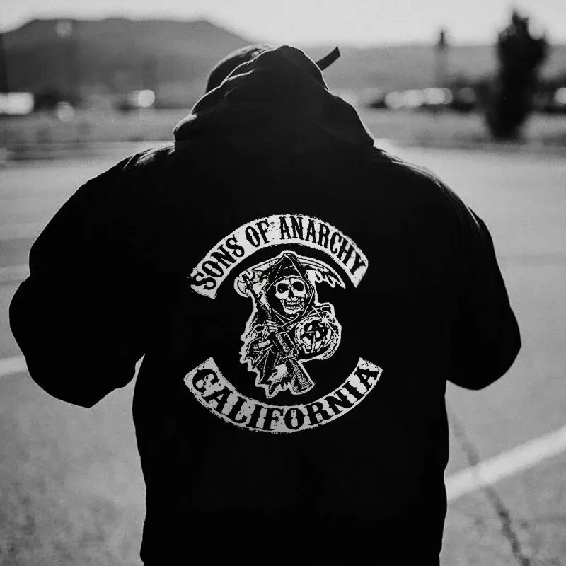 SONS OF ANARCHY CALIFORNIA Skull Graphic Black Print Hoodie Fitted Short Sleeve Crew Neck Casual Rock Style for Men