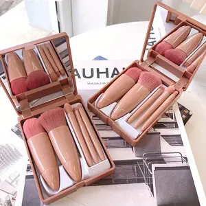 5pcs Portable Mini Makeup Brushes Set with Mirror, Case, Soft Fiber Hair - Travel-Friendly Powder, Eyeshadow, Professional Beauty Tools