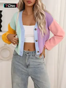 Women's V Neck Single Button Colorblock Lantern Sleeve Sweater, Loose-Fit Casual Knit Cardigan for All Seasons, Versatile Daily Wear Knitwear Womenswear Piece Tops