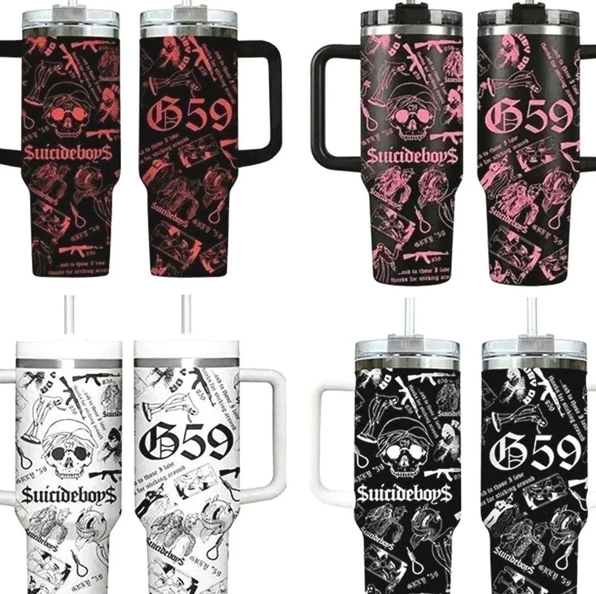 Collection SuicideboyS G59 Skull Aesthetic 40oz Tumbler With Handle, Underground Rap Merch Cup, Dark Trap Goth Style Travel Mug, Flasks Gift For Grey Five Nine Fan ,Muticolor Collage Design Stainless Steel Insulated Tumbler For Music Fans