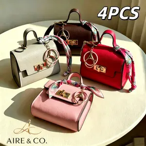 4PCS Kelly Classic Gingham Print PU Leather Mini Bag Set - Lipstick Bag, Coin Purse, Key Holder, Turn-Lock Mini Pouch for Storing Small Essentials in Daily Use and Travel
