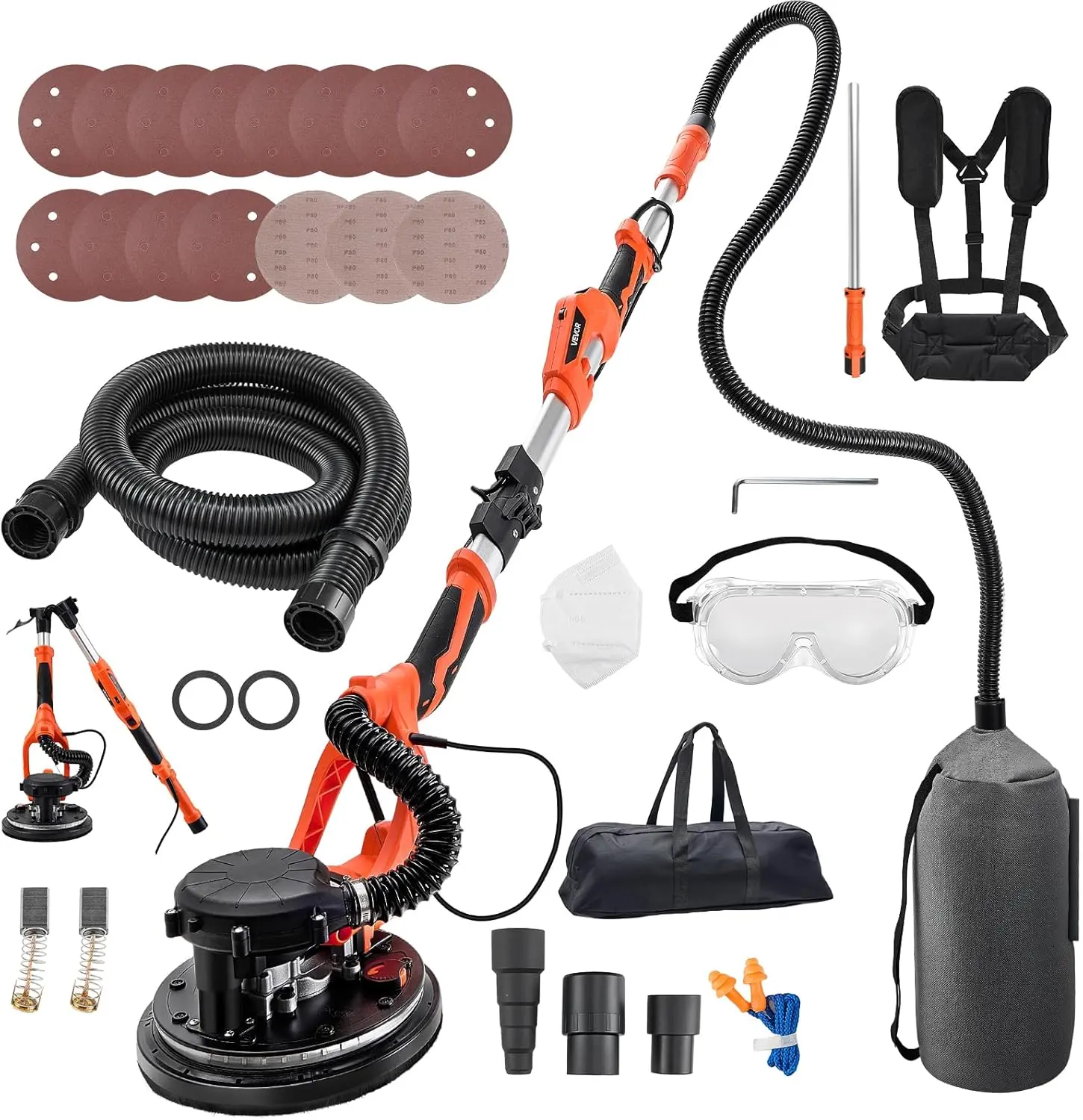 VEVOR 1150W 1.5 HP Electric Drywall Sander, DIY Popcorn Ceiling Removal Tool for Floors & Multiple Surfaces, 5 Variable Speeds (800-1700 RPM), Vacuum Dust Collection, LED Light, Foldable Extendable Handle, 15 Sanding Discs, 1150W Model, Ceiling Walls