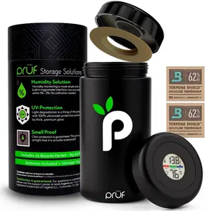 Prūf Jar with Built-In Humidity & Temperature Monitor (Hygrometer) – Airtight 500ml UV-Proof Glass Storage Jar with Silicone Seal – Humidity Control – Includes 2 Boveda 62% (8g) Packs – by Hygenix