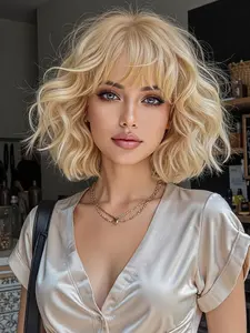 Women's Wig, 14 Inch Short Curly Hair, Full Bangs, High Temperature Resistant, Curly Synthetic Wig, Fashion Casual Wig for All Seasons