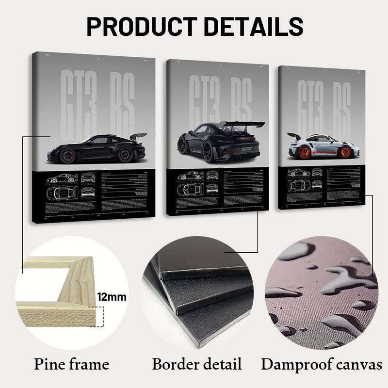 3 Counts Wooden Framed Canvas, Porsche GT3 RS Series Poster, Exquisite Fashion Poster, Modern Art, Abstract Design Wall Art for Living Room, Waterproof Artwork, Ideal Gift for Family