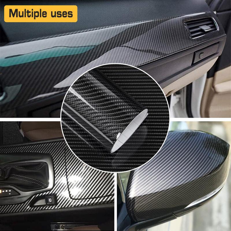 12" x 10FT / 30*300CM Gloss Carbon Fiber Car Wrap Vinyl Bubble Free Air Release Adhesive Car Wrap Film Roll Automotive DIY Decals With Installation Tools