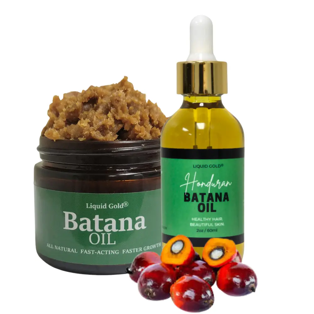 Batana Oil Duo Set from Honduras promotes thicker, fuller hair. Includes a 2oz jar of raw and a 2oz bottle of liquid Batana oil. Supports Hair Health
