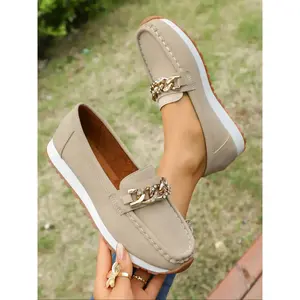 Women’s metal chain comfortable lightweight PU leather slip-on flats driving shoes casual walking shoes cute business formal commuter work loafers decorated with chains