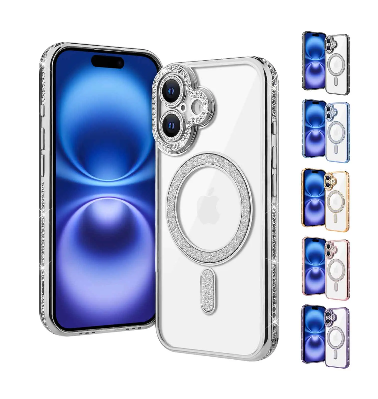 HappyDeal Cover for Apple iPhone 16 Plus - Clear Chrome Case with Rhinestone TPU Edge Bumper & Rhinestone Built-in Lens Cover Compatible with MagSafe Charger