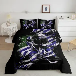 Hockey Player Comforter Set for Boys Man,Ice Hockey Ball Games Bedding Set,Purple Green American Flag Bed Set,Winter Sports Gaming Duvet Set