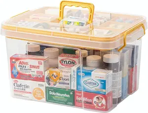 Clear Medicine Storage Box with Handle Portable Medicine Cabinet Organizer Multipurpose Plastic Storage Box with Removeable Tray for Home Office Travel Outdoor (Yellow)