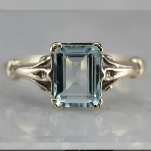Classic Square Sea Blue Topaz Women's Ring Antique Silver Plated Vintage Hand Jewelry