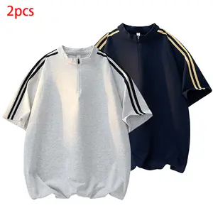Men’s Half-Zip Short-Sleeve T-Shirt, New Summer Breathable Casual Streetwear Top with Color-Blocked Striped Panels, Unisex Design