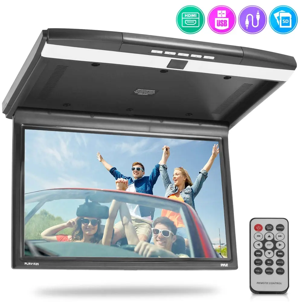 15.6" Flip-Down Overhead Mount Car TV, Hi-Res 1680x800p LED Backseat Monitor, HDMI/USB RCA FM Transmitter Vehicle Media Player for Cars Accessories