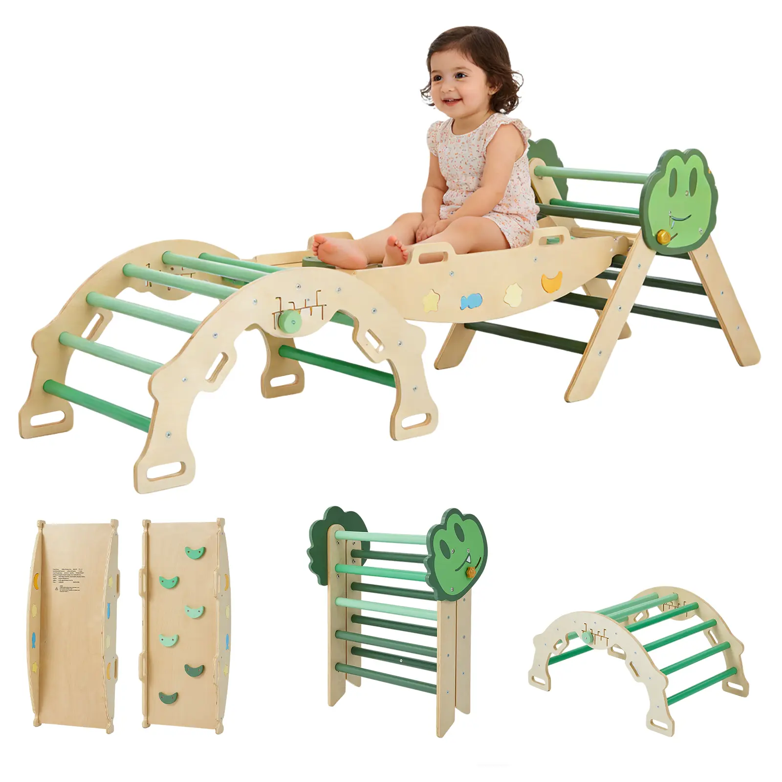 7-in-1 Foldable Eco-Wood Montessori Triangle Climber Set with Ladder, Unisex Indoor-Outdoor Climbing Frame for 1-3 Years Old Toddlers - Early Learning Play Structure