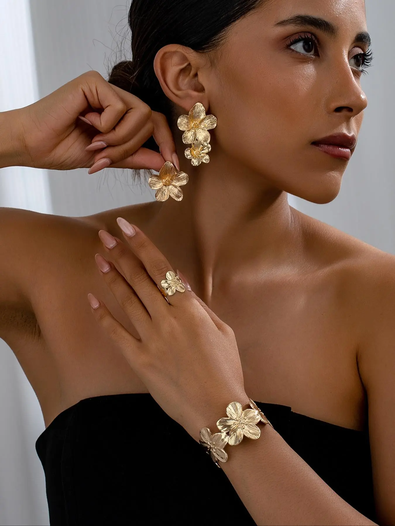 Women's Elegant Flower Design Jewelry Set, 6 Counts/set Open Bangle Bracelet & Dangle Earrings & Stud Earrings & Cuff Ring for Women, Trendy Vintage Matching Jewelry Set for Gift, Fashionable Jewelry Set, Accessory Set, Jewellery Gift Set