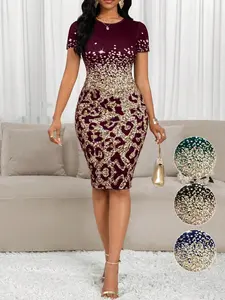 Elegant Floral Print Bodycon Dress, Round Neck Short Sleeve, Waist Cinching, Knee-Length, Summer Fashion, Non-Sparkle Decor, Women's Clothing, Womenswear