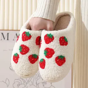 Couple's Strawberry Slippers - Soft Cotton Material, Thick Warm Sole, Non-slip Pattern Bottom, Machine Washable Design, Comfortable Indoor Wear White