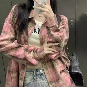 Plaid Shirt for Women 2025 Early Spring and Autumn Casual Jacket Polyester Collared Cardigan Trendy Women's Top