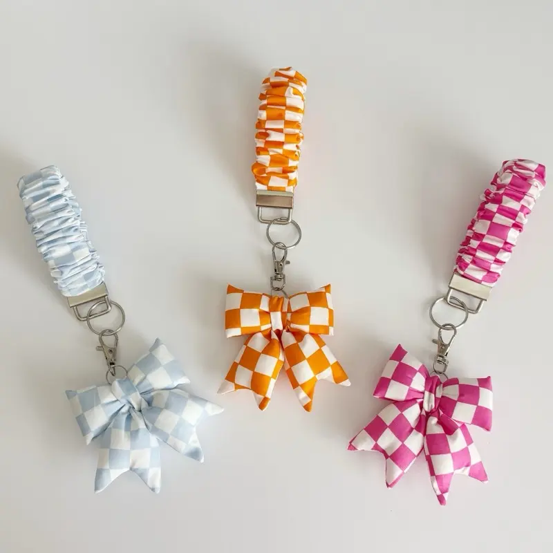 Scrunchie Wristlet with Mini Plush Bow - Colorful Checkered Patterns for Stylish Keychains
