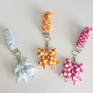 Scrunchie Wristlet with Mini Puffy Bow - Colorful Checkered Patterns for Stylish Keychains