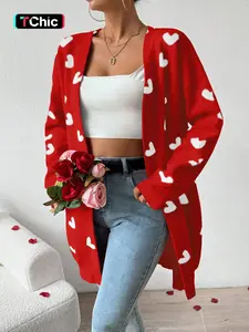 Women's Heart Print Drop Shoulder Cardigan, Casual Chic Elegant Open Front Long Sleeve Knitwear for Fall & Winter, Valentine's Day Gift, Fashion Ladies' Knit Womenswear for Daily Wear
