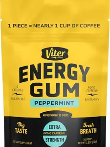 Viter Energy 60mg Caffeine Gum (Peppermint Flavor, 30 Pieces) - Sugar Free, Vitamin B3, B6, B9, B12, Zero Calories, Caffeinated Energy Chews, Nootropic Focus Supplement for Men & Women