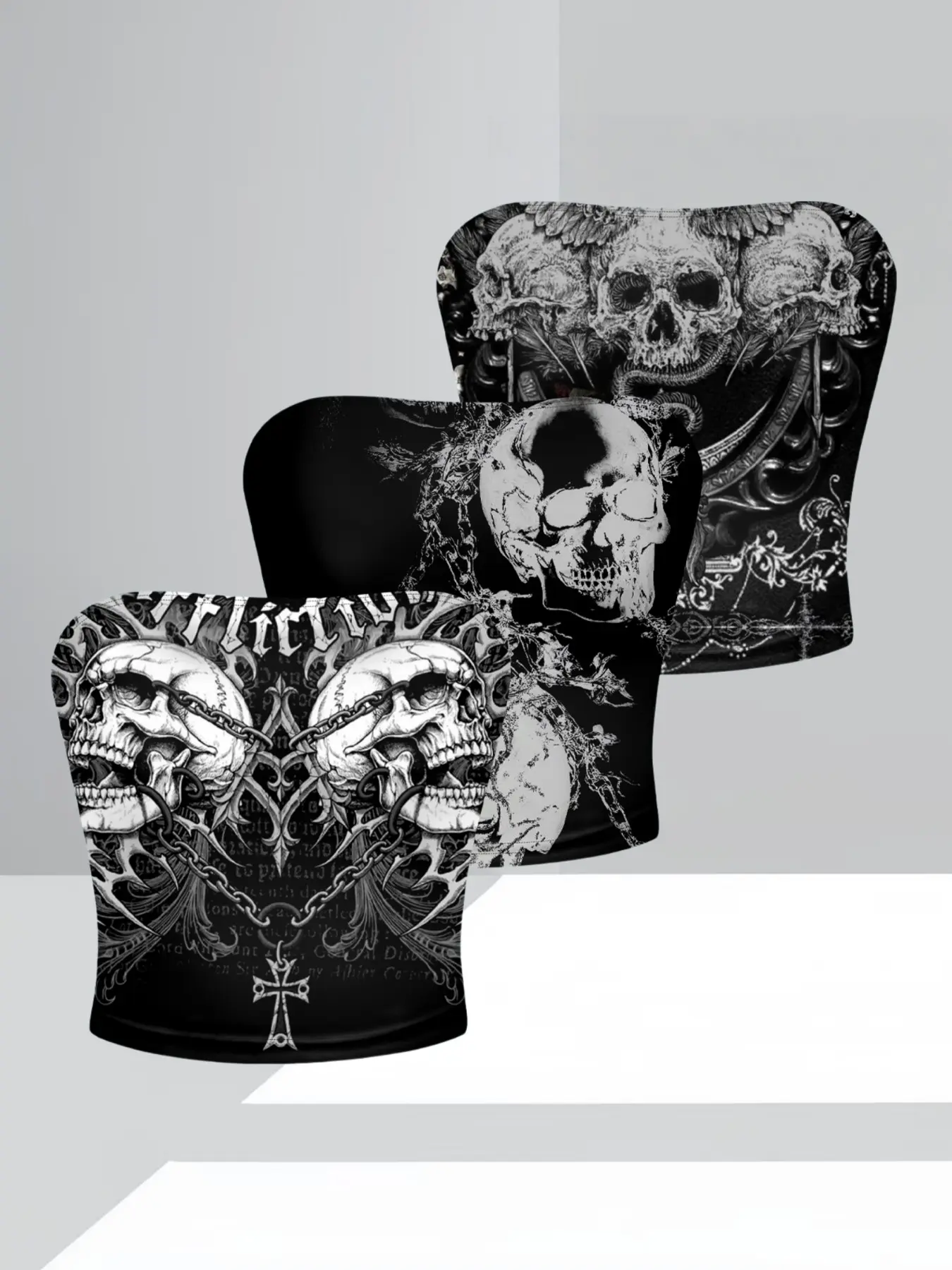 Gothic Thorn Skull Tube Top Set, Fitted Sleeveless Outerwear & Inner Wear, Trendy Dark Fashion, Three-Piece for Stylish Looks