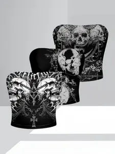 Gothic Thorn Skull Tube Top Set, Fitted Sleeveless Outerwear & Inner Wear, Trendy Dark Fashion, Three-Piece for Stylish Looks