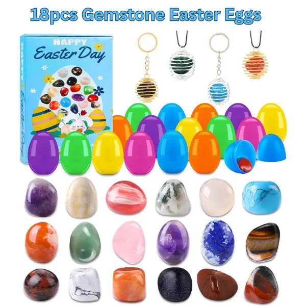 18pcs Gemstone Easter Eggs - Natural Crystals and Minerals with Necklace, Keychain, Easter Day Basket Stuffers, Educational Toys for Kids