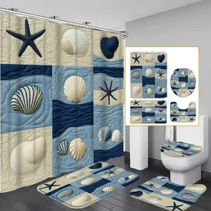 1PC/4PCS 2D Flat Printing Blue and White Ocean Shell Starfish Patchwork Patterned shower curtain, home bathroom decor, shower curtain set with 12 hooks, non-slip bathroom rug, U-shaped toilet seat cover, toilet seat mat.
