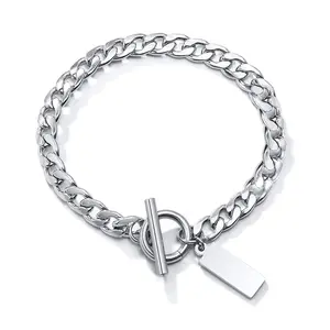OIDEA Engravable Square Tag Bracelet for Men, Stainless Steel Polished ID Curb Chain Wristband, Personalized Jewelry