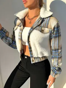 Women's Plaid Short Coat with Faux Fur Collar, Casual Long Sleeve Button Front Cardigan, Fall & Winter Woven Fabric Top, Outerwear