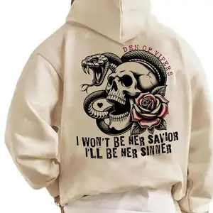 Den Of Vipers Hoodie For Men, Skull And Snake Graphic Pullover, 'I Won't Be Her Savior, I'll Be Her Sinner' Quote, Bold Gothic Art, Cool Rose And Snake Design, Unique Streetwear Hoodie