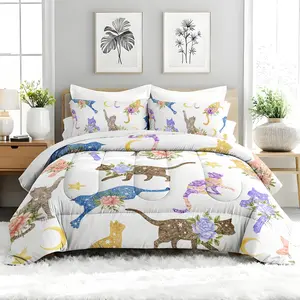 3pcs Colorful Cat  Comforter Set, Flower Moon StarThemed Duvet Set for Girls and Adults Bedroom or Guest Room Decor, Lightweight Soft All Seasons Comforter Machine Washable Microfiber Quilt with 2 Pillowcases , Gifts for the Family