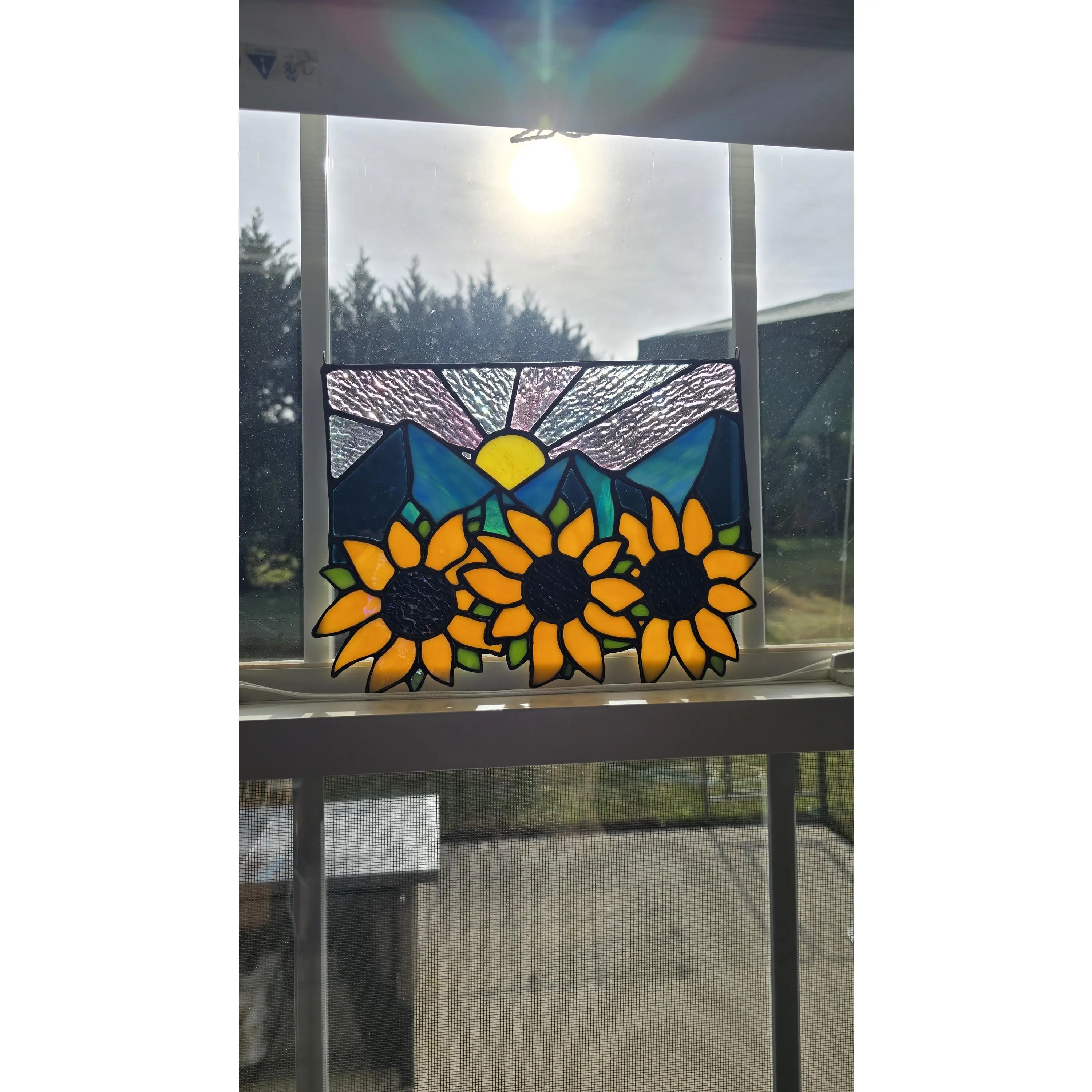 Handcrafted Stained Glass Suncatcher Sunflowers and Mountains Made to Order