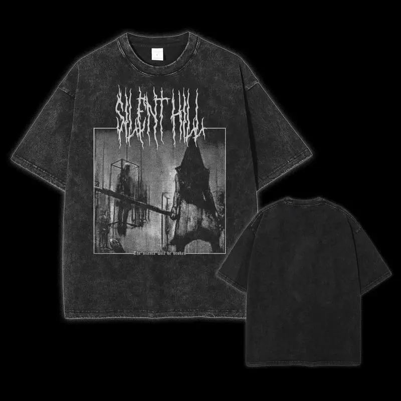 Holafish Unisex Acid Washed T-Shirt, Unisex Pyramid Head Konami Metal Horror Video Game Tee, Acid Washed Lightweight Cotton T-Shirt, mens clothing Menswear Top