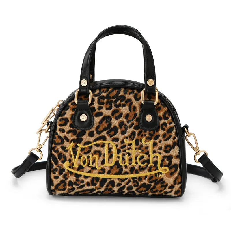 Von Dutch Women's Small Animal Print Handbag - Full-Grain Faux Leather, Rivet Monogram, Top Handles, Vegan Pony Hair Bowling Bag, Chic, Versatile, Dual Carry, Grab-and-Go Handbags for Women