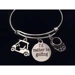 I'd Rather Be Golfing Expandable Silver Charm Bracelet Adjustable Wire Bangle Golf Gift