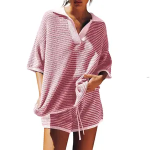 【Gifts for Her】Tankaneo Womens Trendy Lounge Sweater Set 2 Piece Outfits Oversized Short Sleeve V Neck Knit Tops & Shorts Pajama Sets Vacation valentine's day outfit Loungewear Womenswear Casual Mathing comfort plus size gia set outfit set