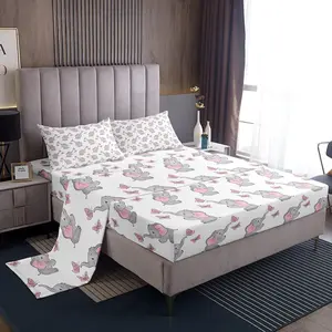Feelyou Cute Elephant Pattern Bedding Set - Twin Size Cartoon Elephant & Butterfly Print Luxury Pink Sheets Set with Deep Pocket Fitted Sheet